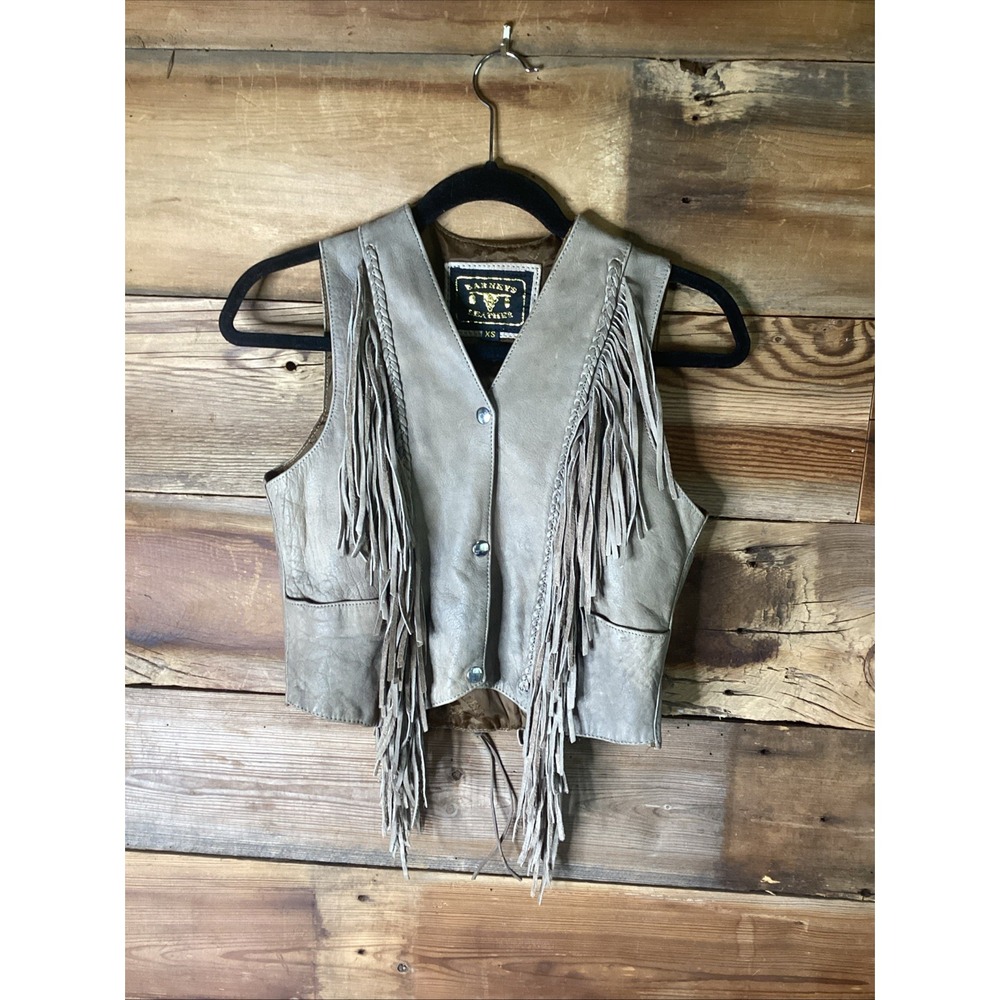 BARNEYS LEATHER FRINGE VEST Tan Lace Up Back WOMENS XS BIKER Western Festival